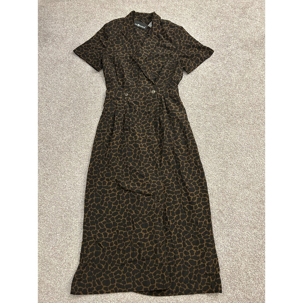 90s Style Sag Harbor Midi Dress Women 10 Brown Leopard Print Short Sleeve Button